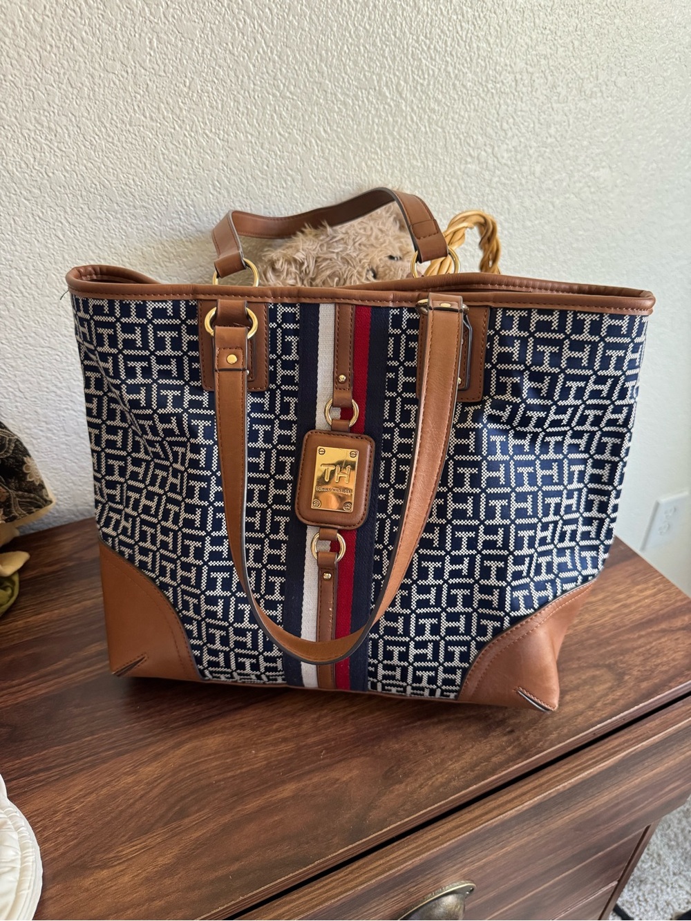 Tommy Hilfiger Navy Jacquard Tote with Red, White & Blue Stripe and Brown Trim